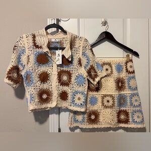 Crochet 2 pc set Shirt and Skirt in Cream, Brown & Blue. Size L RUNS VERY SMALL